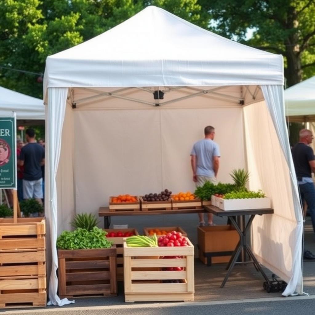 White Eurmax aluminum-frame pop up canopy with sidewalls at an outdoor farmers market